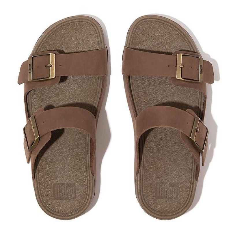 Men's FitFlop Gogh-Moc Buckle Nubuck Slides Brown | 768EXRVKD