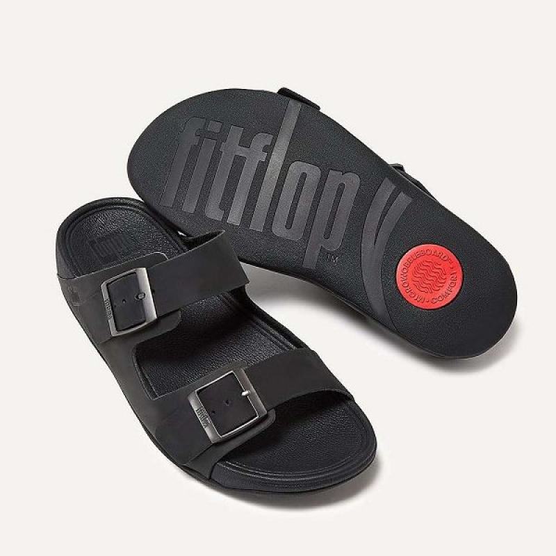 Men's FitFlop Gogh-Moc Buckle Nubuck Slides Black | 957JBUEMR