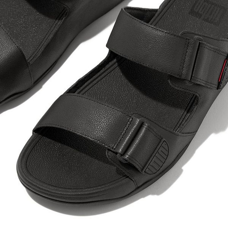 Men's FitFlop Gogh Leather Slides Black | 401MQLTWC