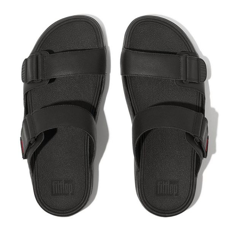 Men's FitFlop Gogh Leather Slides Black | 401MQLTWC