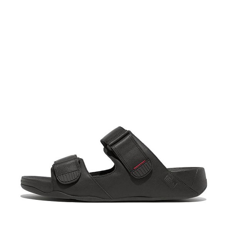 Men\'s FitFlop Gogh Leather Slides Black | 401MQLTWC