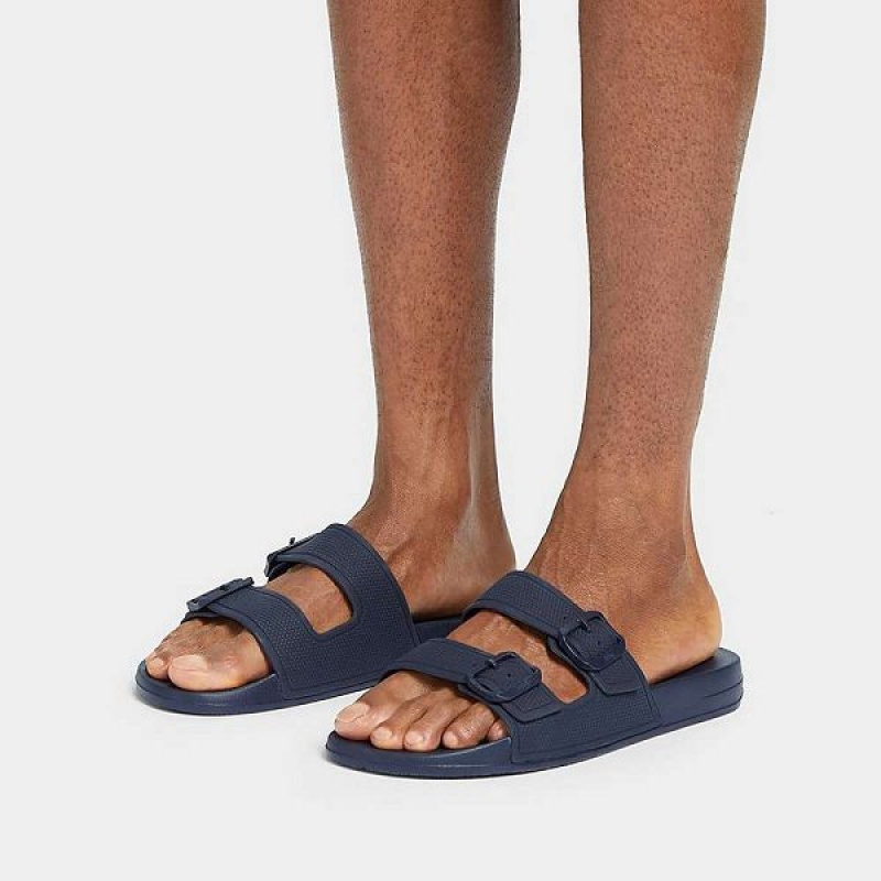 Men's FitFlop Iqushion Iqushion Two Bar Buckle Slides Navy | 694URGCAP