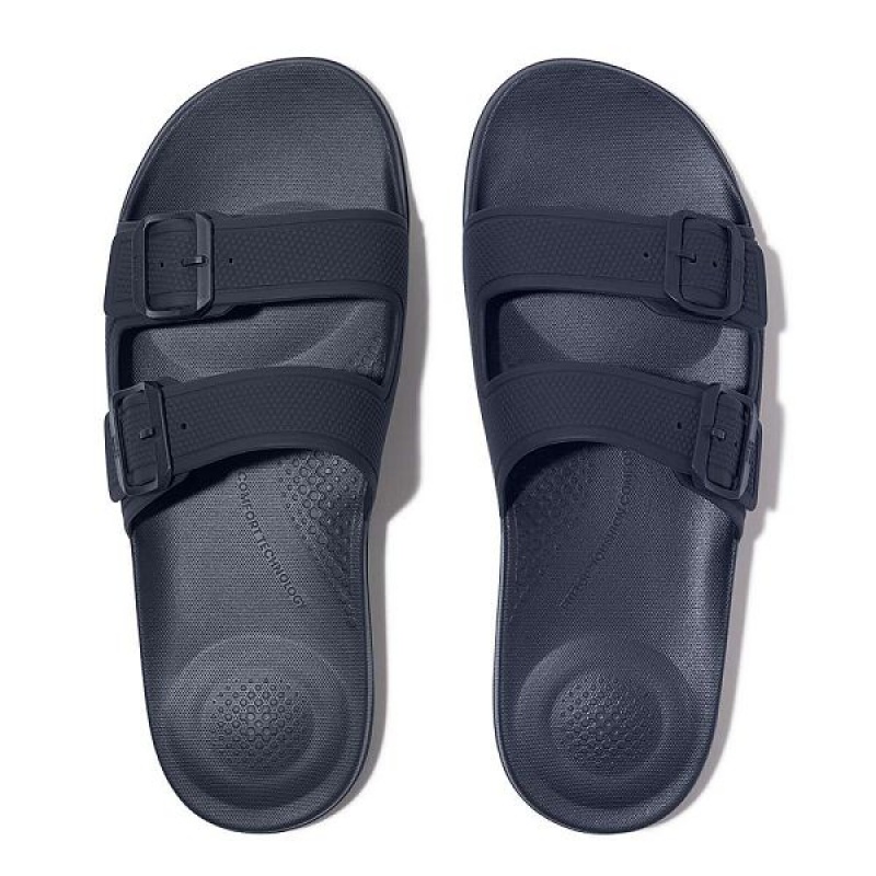 Men's FitFlop Iqushion Iqushion Two Bar Buckle Slides Navy | 694URGCAP