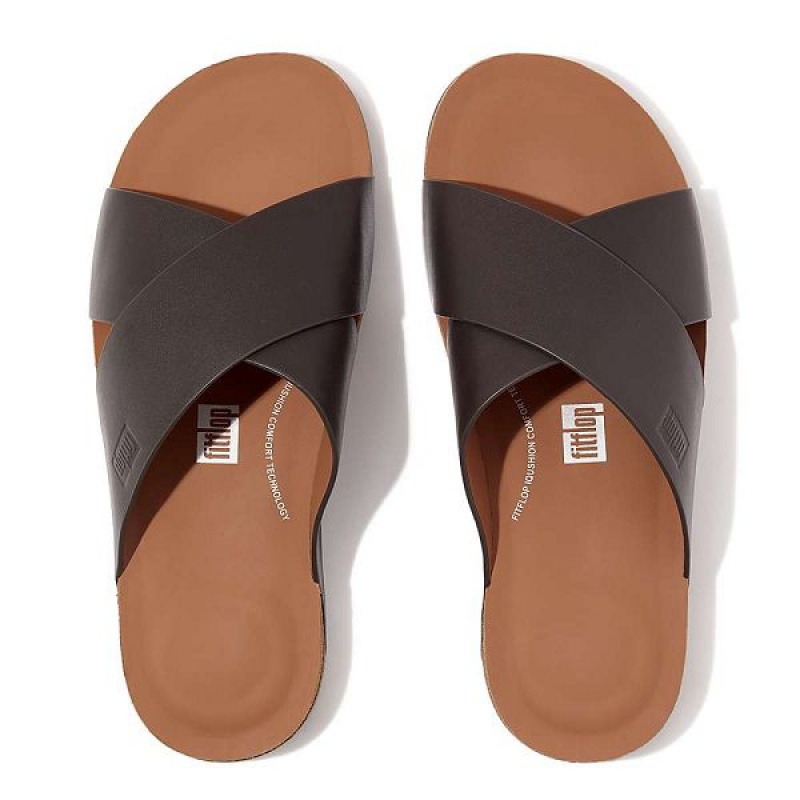 Men's FitFlop Iqushion Leather Cross Slides Brown | 542WVCSIY