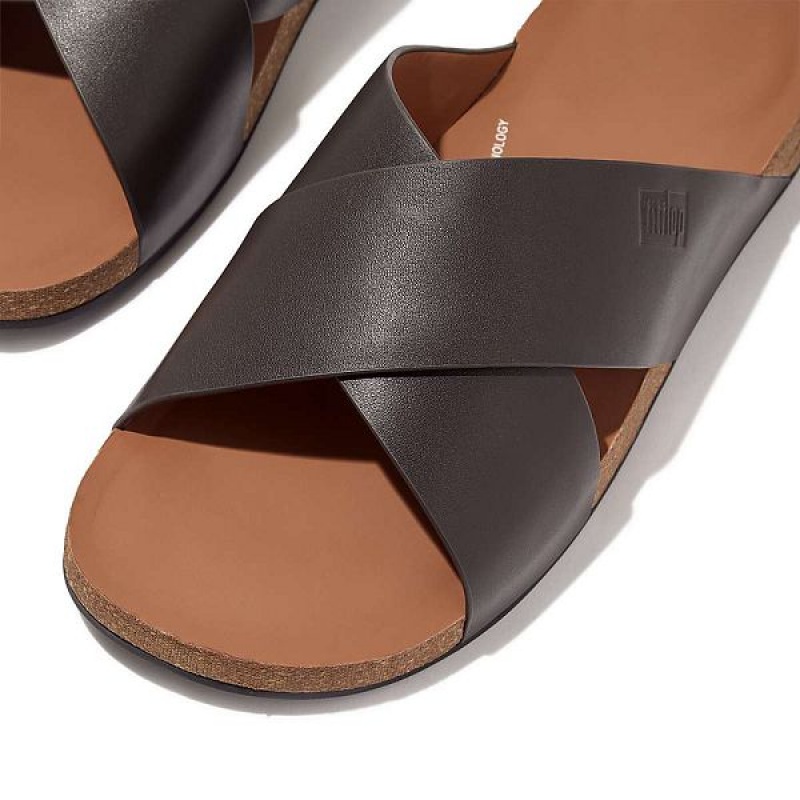 Men's FitFlop Iqushion Leather Cross Slides Brown | 542WVCSIY