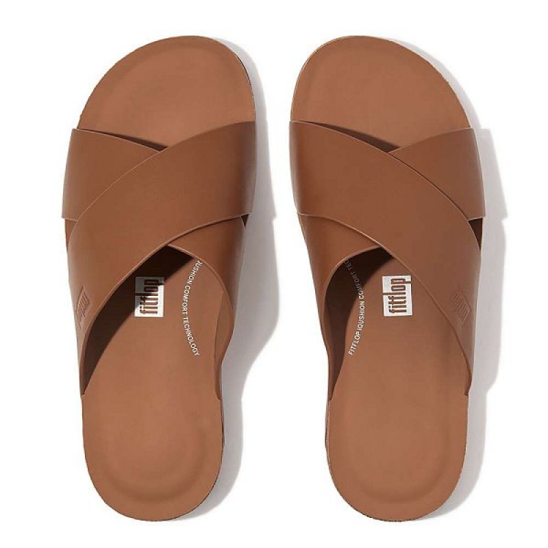 Men's FitFlop Iqushion Leather Cross Slides Light Brown | 680ATDJPF