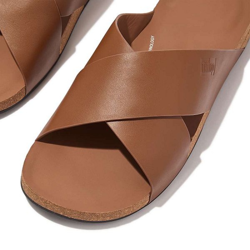 Men's FitFlop Iqushion Leather Cross Slides Light Brown | 680ATDJPF