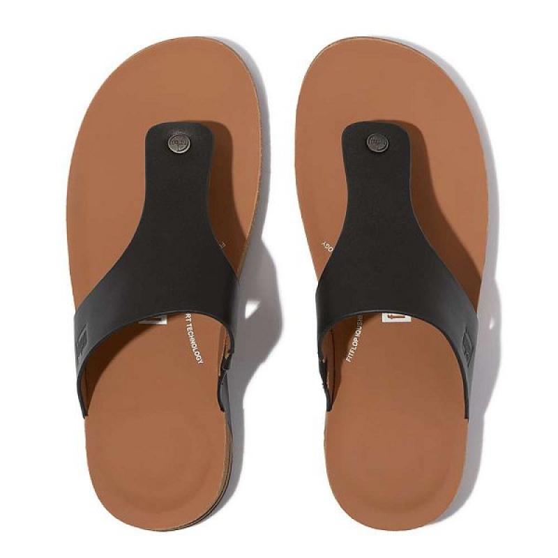 Men's FitFlop Iqushion Leather Toe-Post Sandals Black | 715FQHXVI