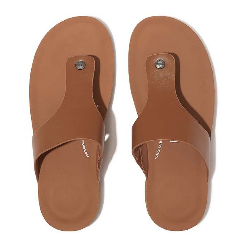 Men's FitFlop Iqushion Leather Toe-Post Sandals Light Brown | 651KYVBCU