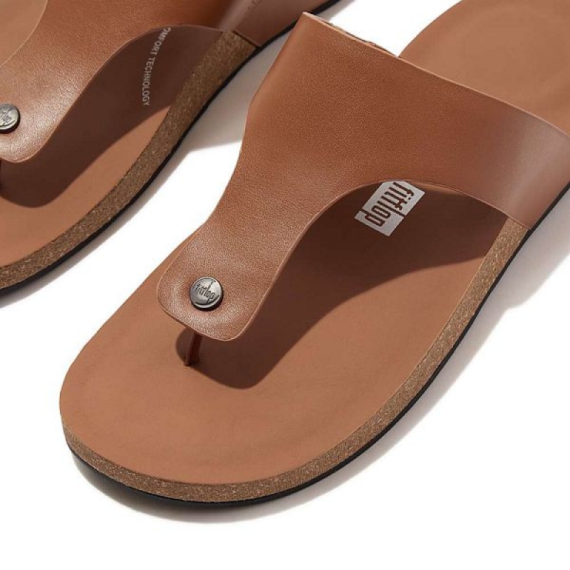 Men's FitFlop Iqushion Leather Toe-Post Sandals Light Brown | 651KYVBCU