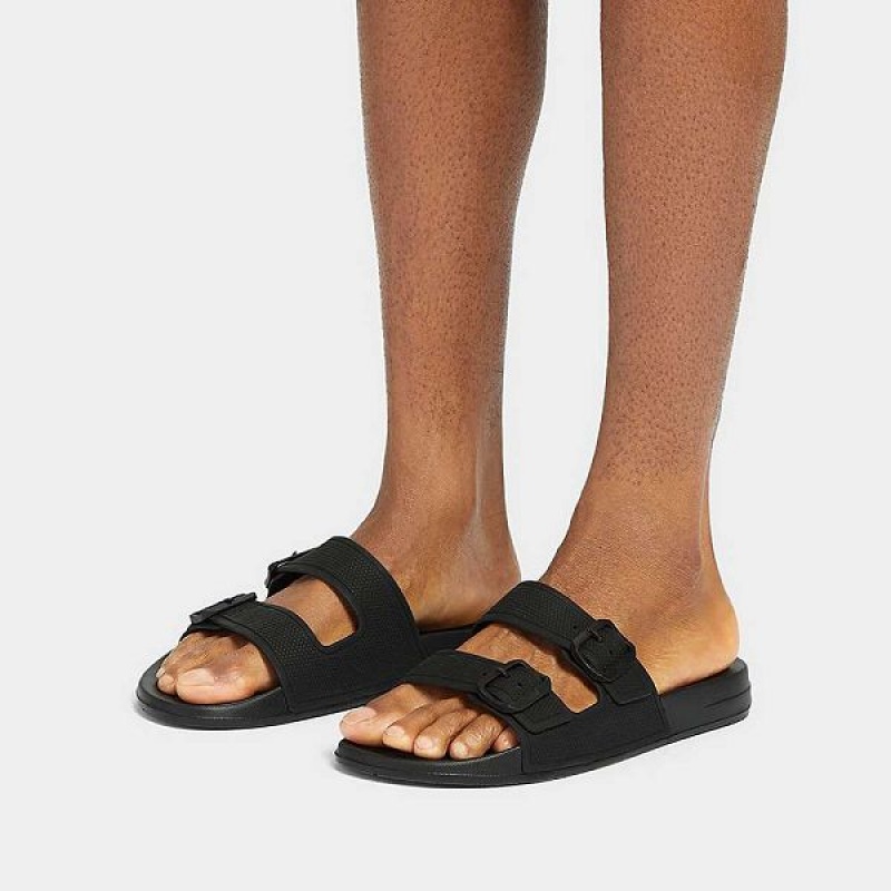 Men's FitFlop Iqushion Two Bar Buckle Slides Black | 601TQXUWG