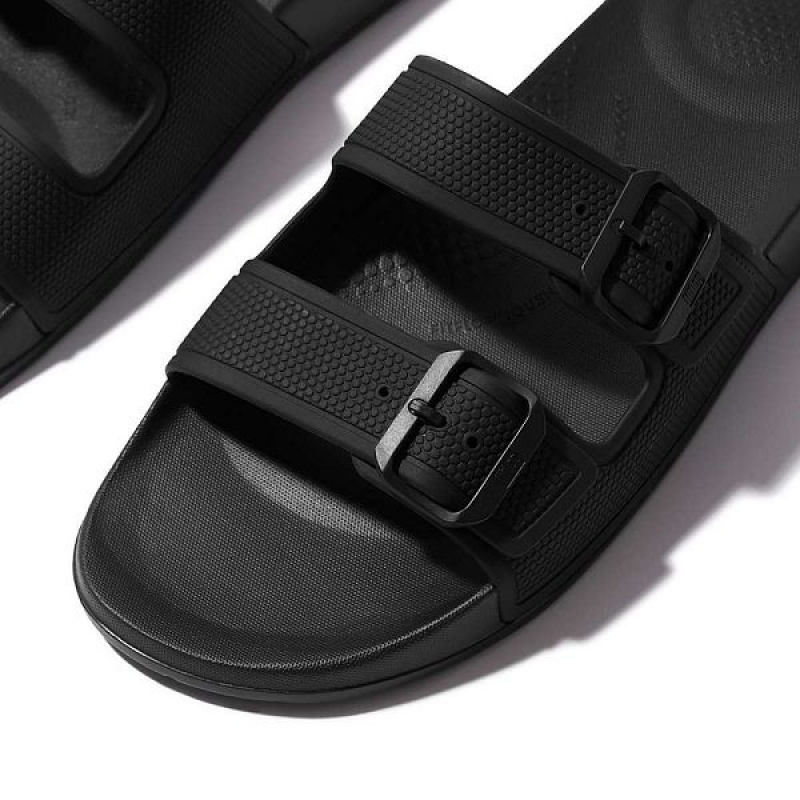 Men's FitFlop Iqushion Two Bar Buckle Slides Black | 601TQXUWG