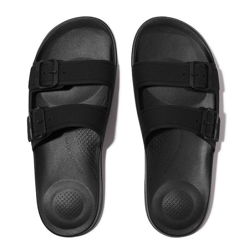 Men's FitFlop Iqushion Two Bar Buckle Slides Black | 601TQXUWG