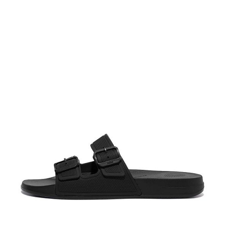 Men\'s FitFlop Iqushion Two Bar Buckle Slides Black | 601TQXUWG