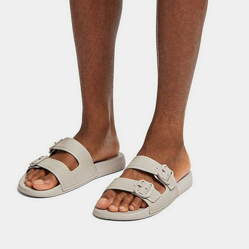 Men's FitFlop Iqushion Two Bar Buckle Slides Grey | 071SMKUCR