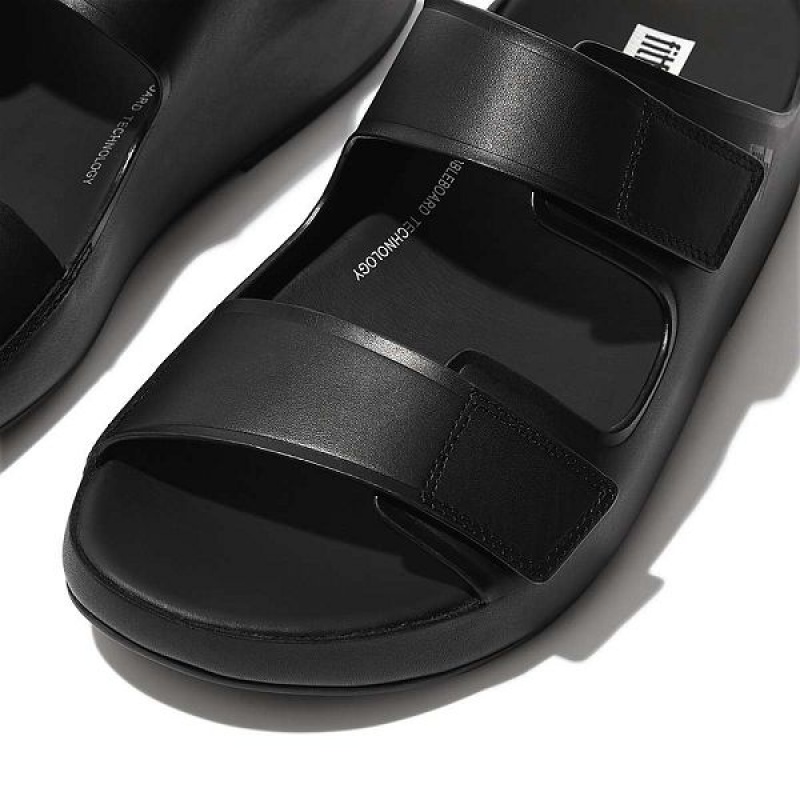 Men's FitFlop Samel Adjustable Leather Slides Black | 582GUFLBS