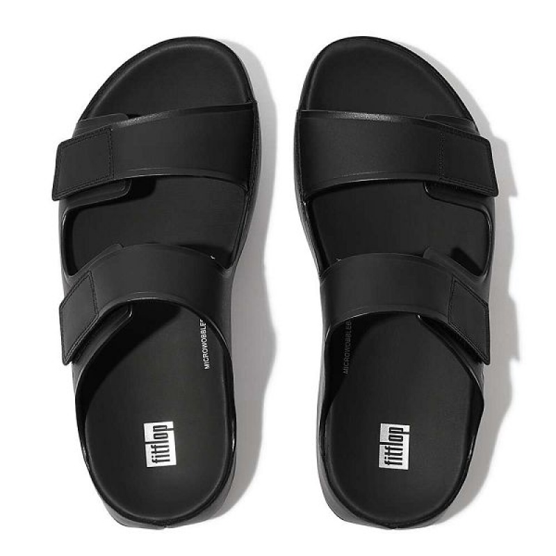 Men's FitFlop Samel Adjustable Leather Slides Black | 582GUFLBS