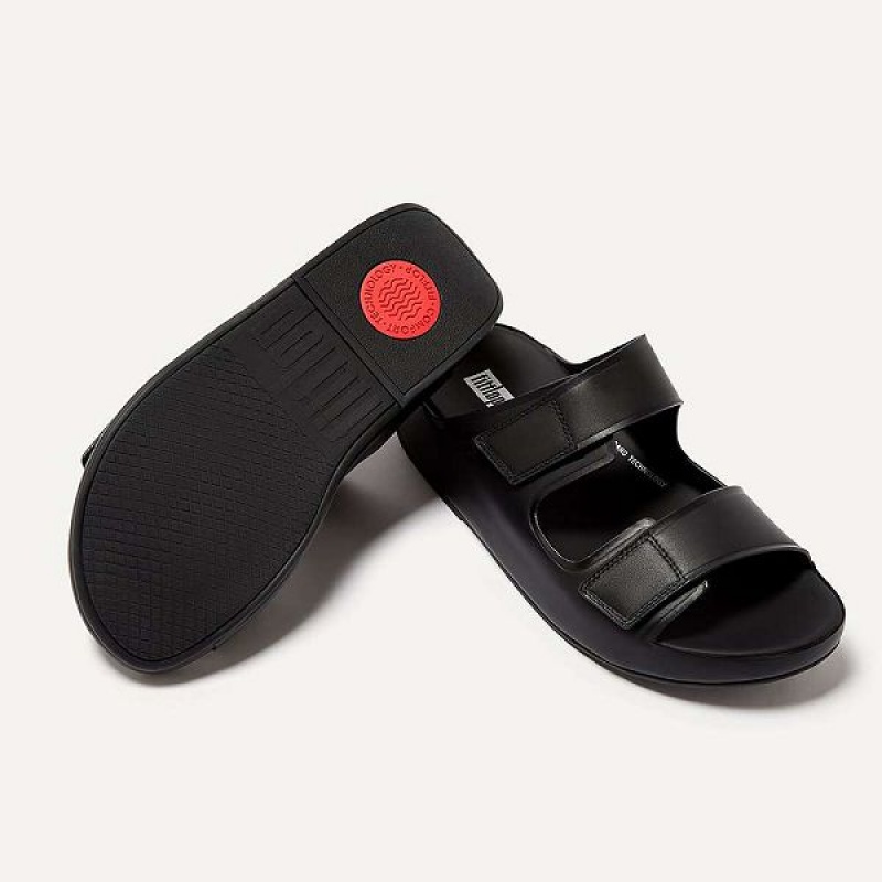 Men's FitFlop Samel Adjustable Leather Slides Black | 582GUFLBS