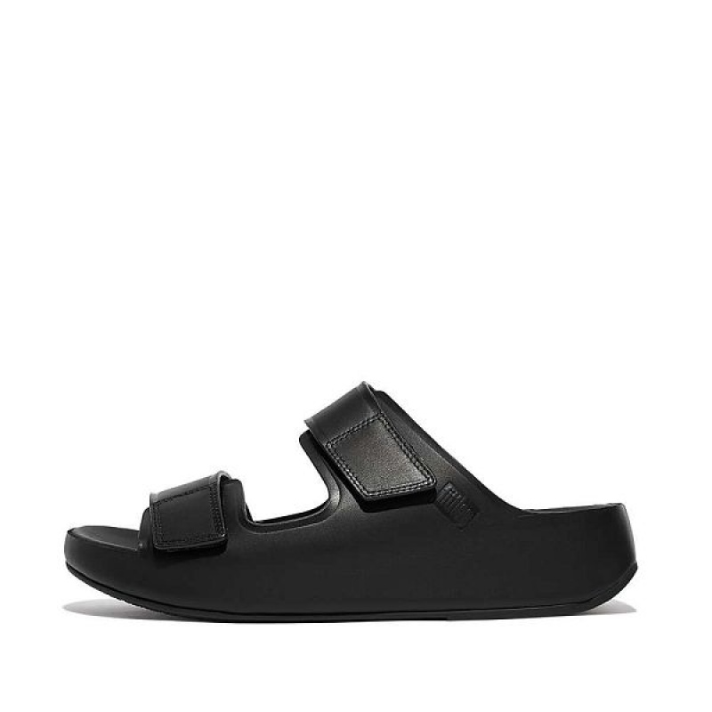 Men\'s FitFlop Samel Adjustable Leather Slides Black | 582GUFLBS