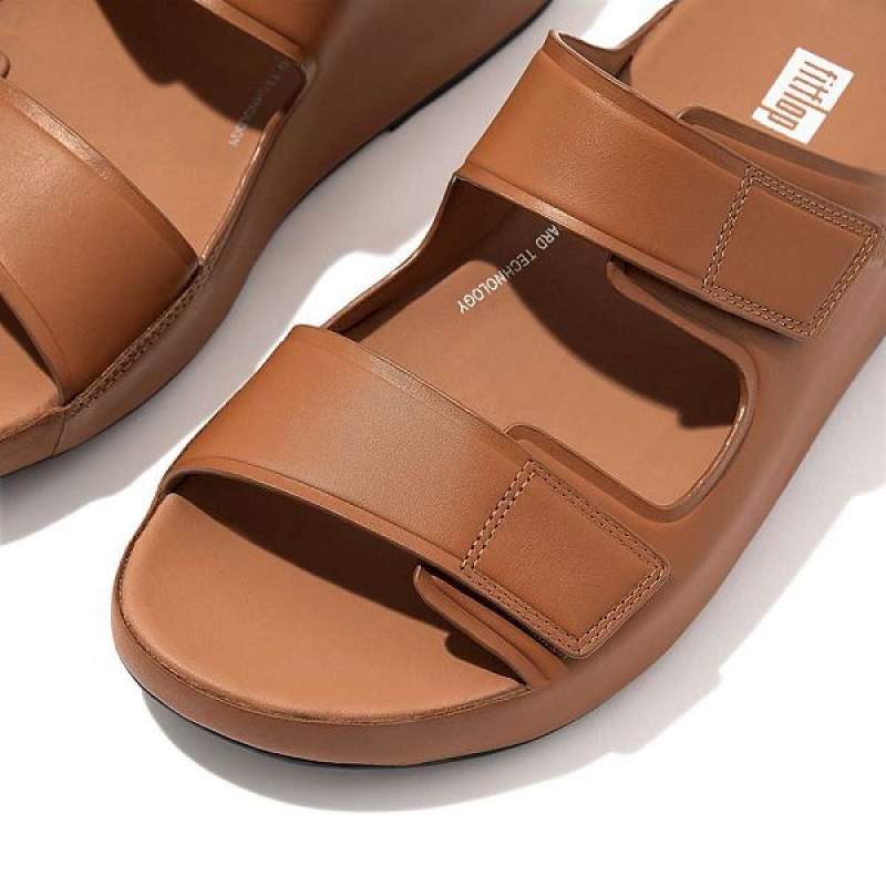 Men's FitFlop Samel Adjustable Leather Slides Light Brown | 350CEDXKV