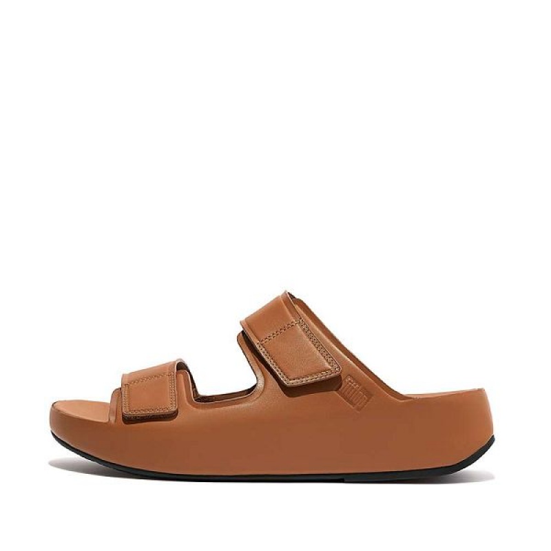 Men\'s FitFlop Samel Adjustable Leather Slides Light Brown | 350CEDXKV