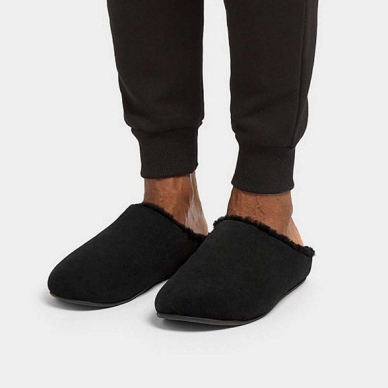 Men's FitFlop Shove Shearling Lined Suede Slippers Black | 512KQBAMG