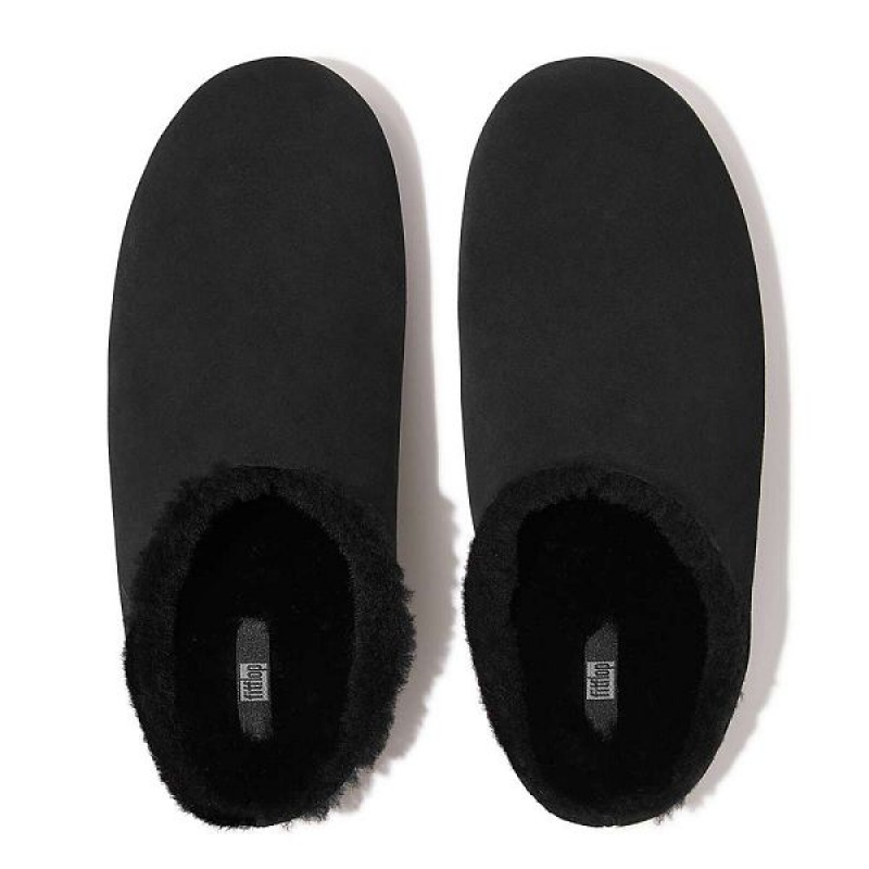 Men's FitFlop Shove Shearling Lined Suede Slippers Black | 512KQBAMG