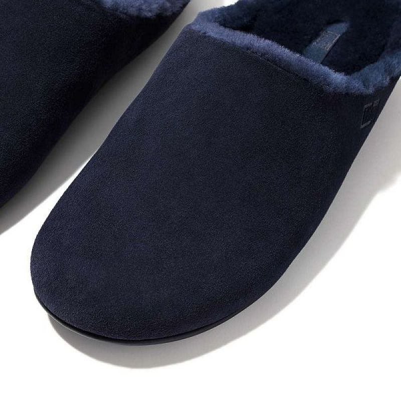 Men's FitFlop Shove Shearling Lined Suede Slippers Navy | 620PIFSCY