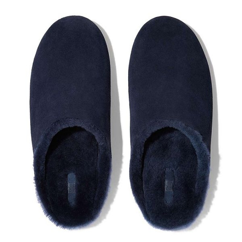 Men's FitFlop Shove Shearling Lined Suede Slippers Navy | 620PIFSCY