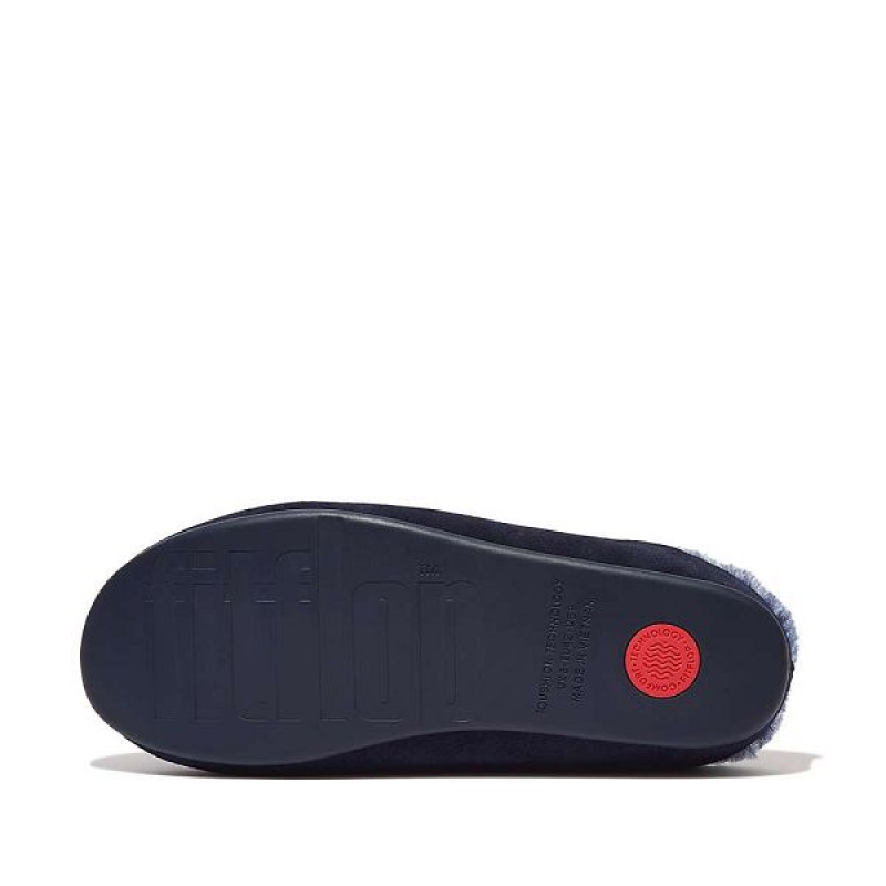 Men's FitFlop Shove Shearling Lined Suede Slippers Navy | 620PIFSCY