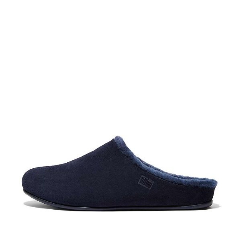 Men\'s FitFlop Shove Shearling Lined Suede Slippers Navy | 620PIFSCY