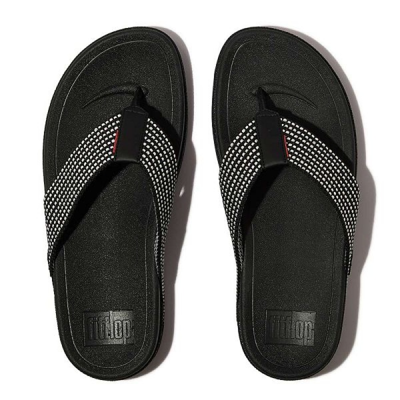 Men's FitFlop Surfer Weave Stripe Toe-Post Sandals Black | 962NFLOMJ