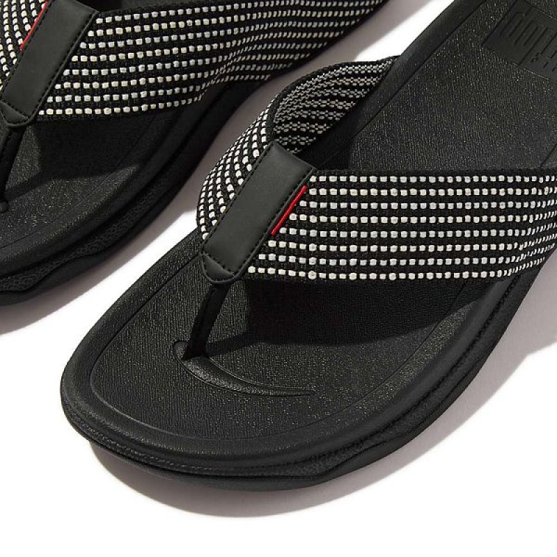 Men's FitFlop Surfer Weave Stripe Toe-Post Sandals Black | 962NFLOMJ