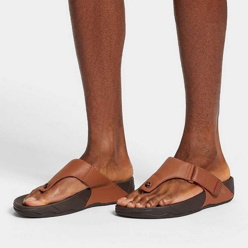 Men's FitFlop Trakk Ii Leather Flip Flops Dark Brown | 594ZGELCP