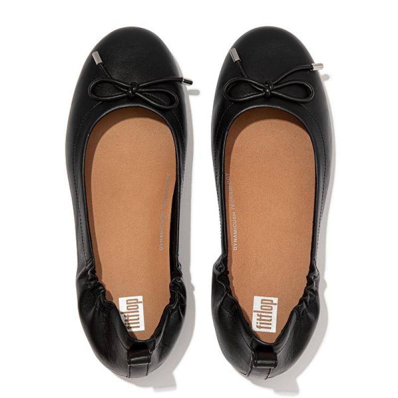 Women's FitFlop Allegro Bow Leather Ballet Flats Black | 901YFKVRW