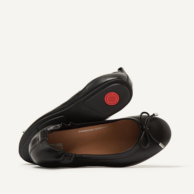 Women's FitFlop Allegro Bow Leather Ballet Flats Black | 901YFKVRW