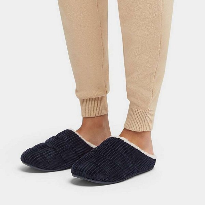 Women's FitFlop Chrissie Biofleece Lined Corduroy Slippers Navy | 395CELRPM