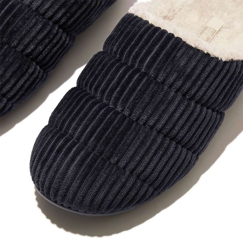 Women's FitFlop Chrissie Biofleece Lined Corduroy Slippers Navy | 395CELRPM