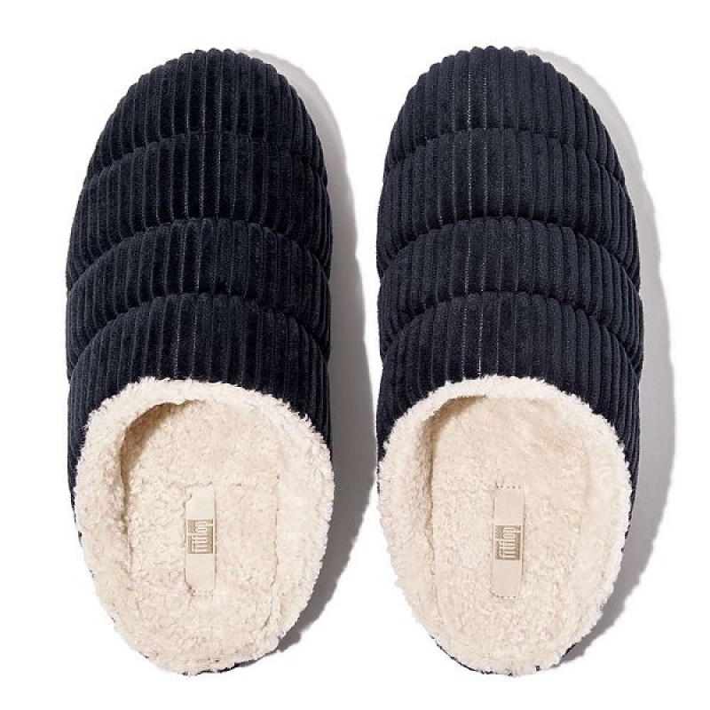 Women's FitFlop Chrissie Biofleece Lined Corduroy Slippers Navy | 395CELRPM