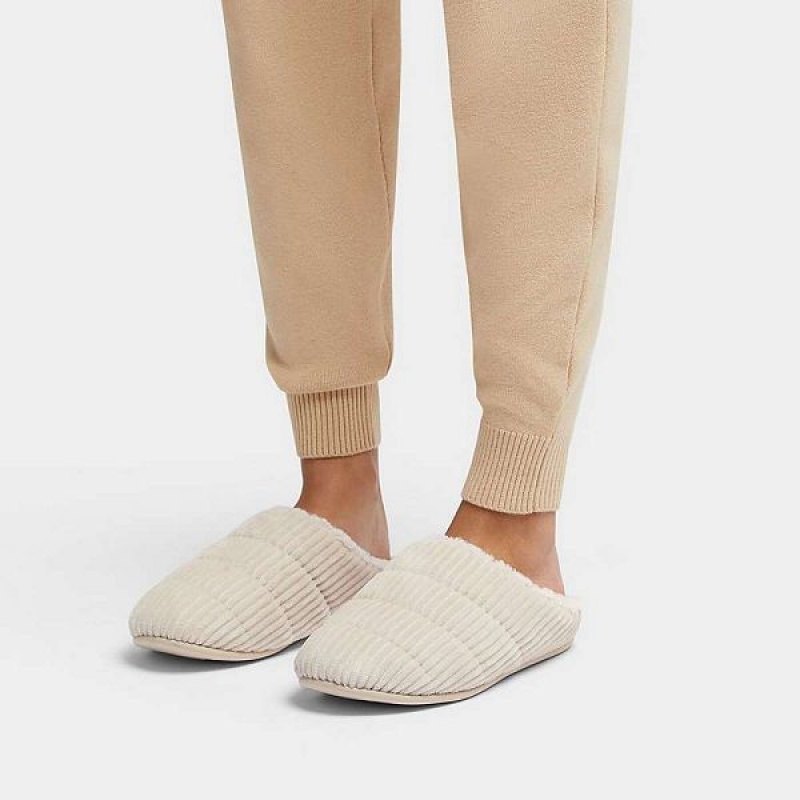 Women's FitFlop Chrissie Biofleece Lined Corduroy Slippers White | 534QPFSVJ