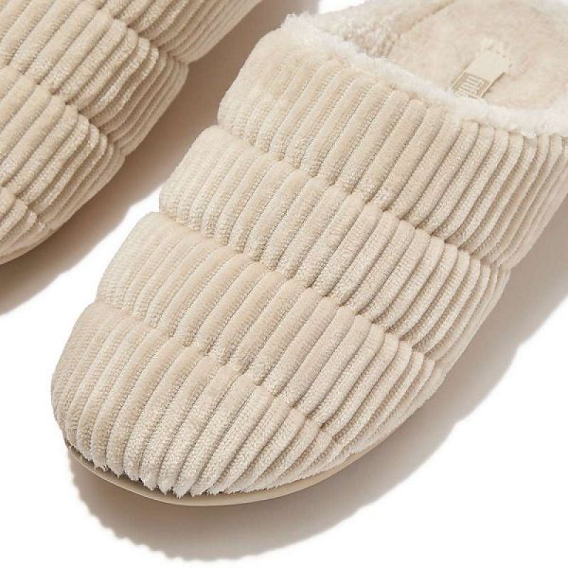 Women's FitFlop Chrissie Biofleece Lined Corduroy Slippers White | 534QPFSVJ