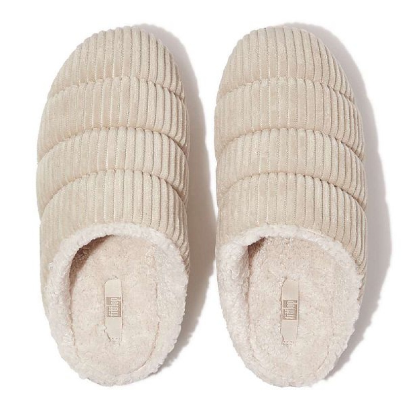 Women's FitFlop Chrissie Biofleece Lined Corduroy Slippers White | 534QPFSVJ