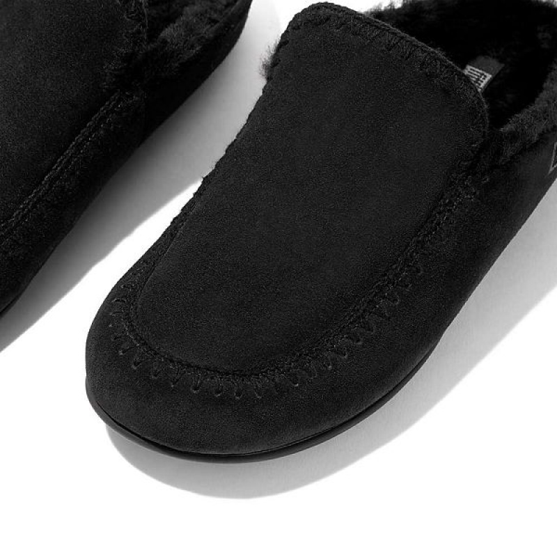 Women's FitFlop Chrissie Ii Haus Shearling Lined Suede Slippers Black | 170BYHUFC