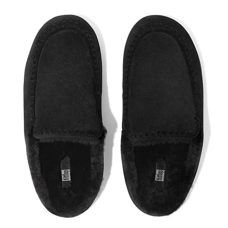 Women's FitFlop Chrissie Ii Haus Shearling Lined Suede Slippers Black | 170BYHUFC