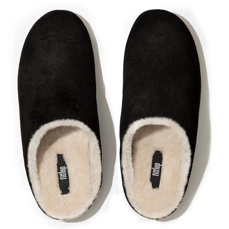 Women's FitFlop Chrissie Shearling Suede Slippers Black | 850IODBWZ