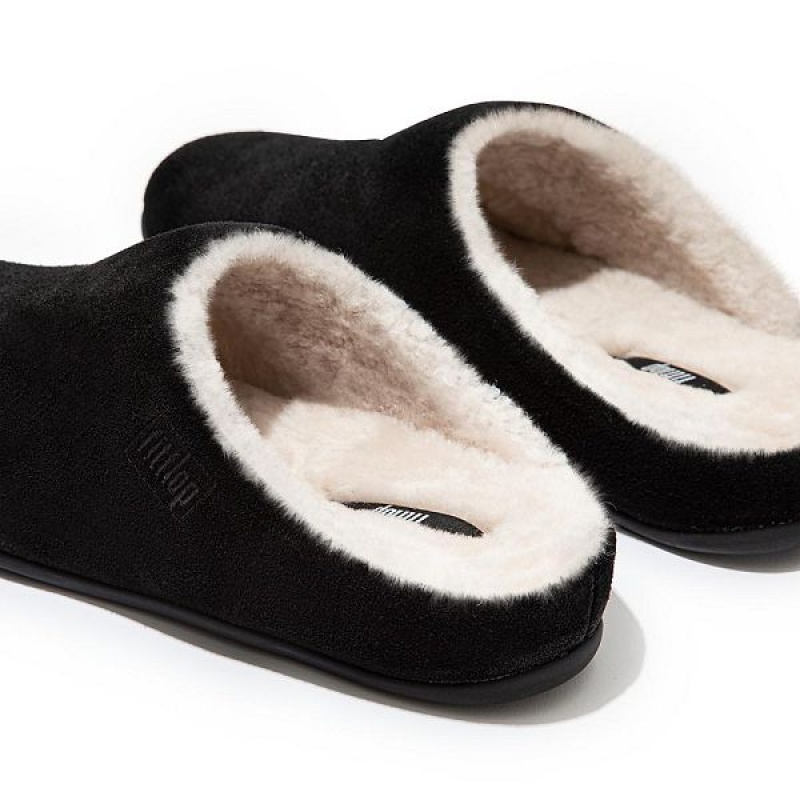 Women's FitFlop Chrissie Shearling Suede Slippers Black | 850IODBWZ