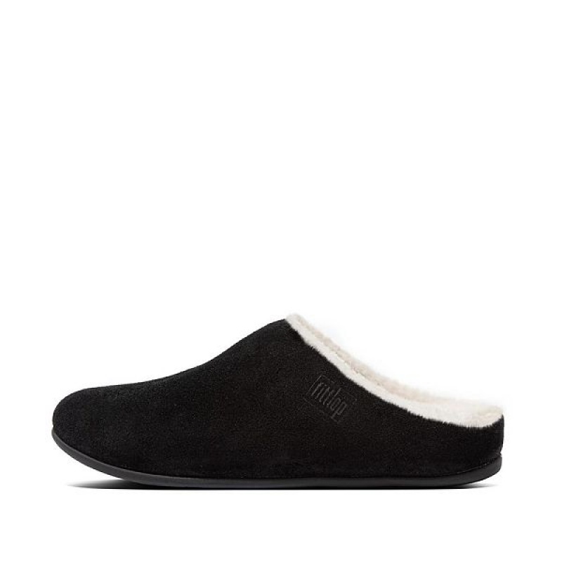 Women\'s FitFlop Chrissie Shearling Suede Slippers Black | 850IODBWZ