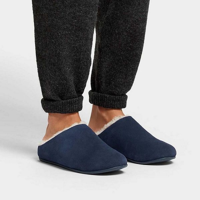 Women's FitFlop Chrissie Shearling Suede Slippers Navy | 670MRTJZH