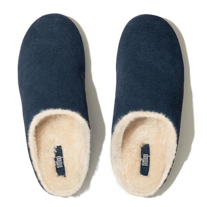 Women's FitFlop Chrissie Shearling Suede Slippers Navy | 670MRTJZH