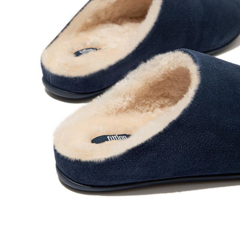 Women's FitFlop Chrissie Shearling Suede Slippers Navy | 670MRTJZH